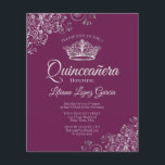 Rico Silver & Plum BUDGET Quinceañera Convite<br><div class="desc">Esses convites para Quinceañera, barato e amigáveis, são a escolha perfeita para classe, estilo e beleza em um orçamento. O design apresenta um fundo cor magenta, ameixa ou roxo de morango com uma coroa prateada e ornamentados de cinzas prateadas e espirais nos cantos. A tipografia inclui a inscrição em rico...</div>