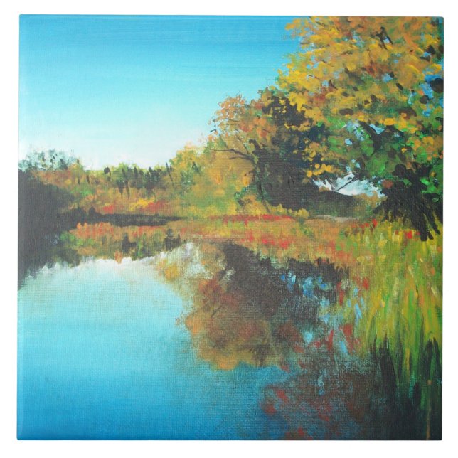 Rio Árvores Caem Paisagem Belas Artes Azulejo Cerâ (Frente)