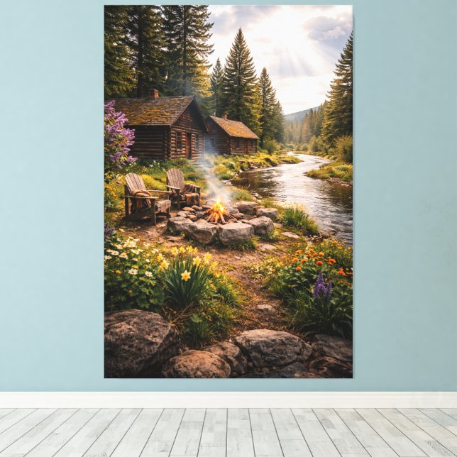 Riverside Serenity – Cinematic Cabin Canvas Print (Insitu(piso de madeira))