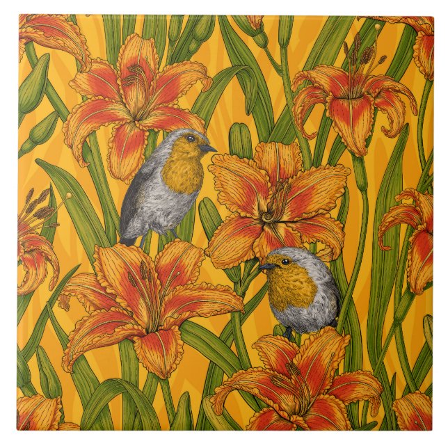 Robins e flores, cor de laranja e verde (Frente)