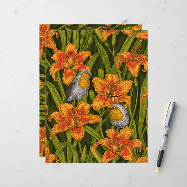 Robins e flores, cor de laranja e verde escuro (Frente/Verso In Situ)