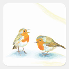 Robins vermelhos no adesivo retangular de inverno