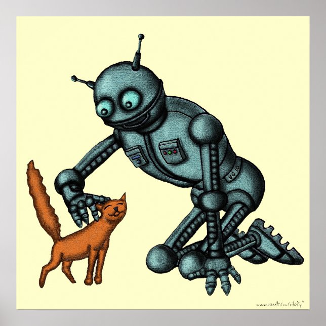 Robô engraçado e poster de arte de gato (Frente)