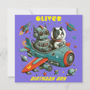 Robô retrô personalizável e gato no espaço