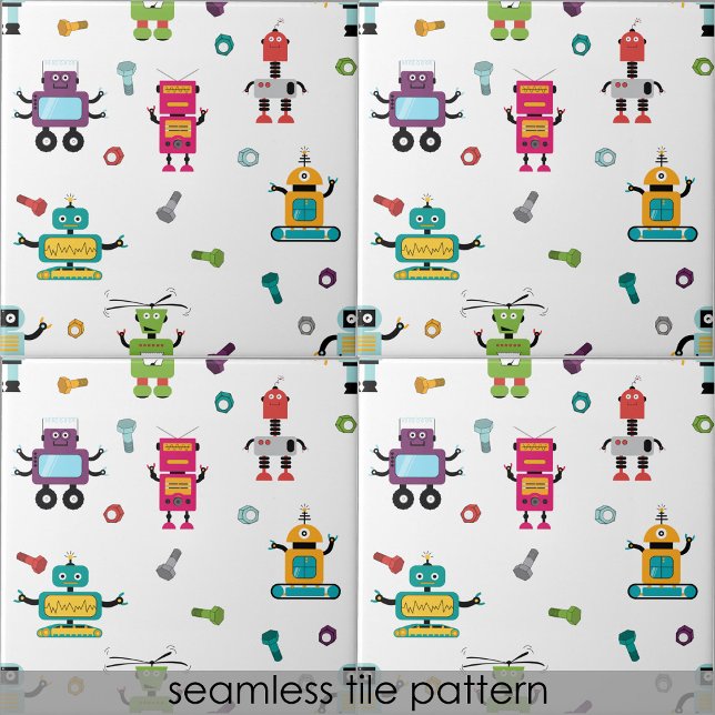 Robôs Multicoloridos Bonitos Crianças Robôs Sem Ol (Cute Multicolored Robots Kids Robot Seamless Ceramic Tile)