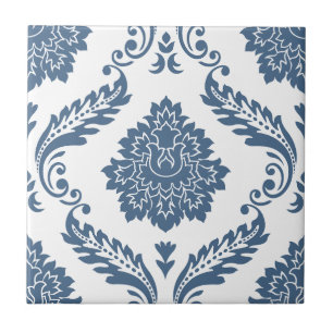 Rococo Damask Padrão Grande Azul no Branco