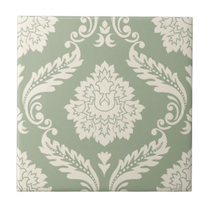 Rococo Damask Padrão Grande Creme sobre Verde