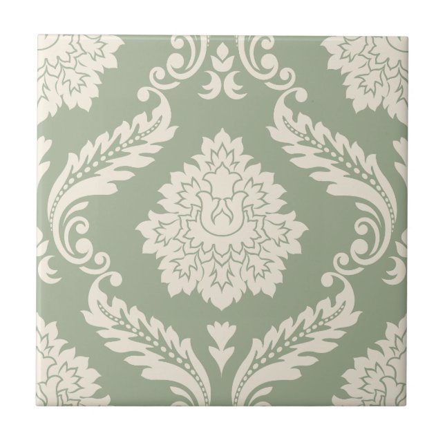 Rococo Damask Padrão Grande Creme sobre Verde (Frente)