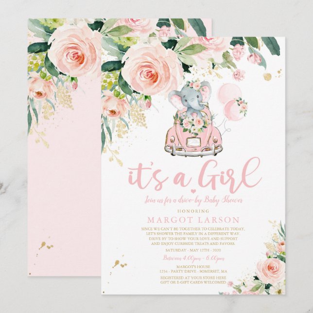 Roda De Elefante Por Chá de fraldas De Convite Ros (Frente/Verso)