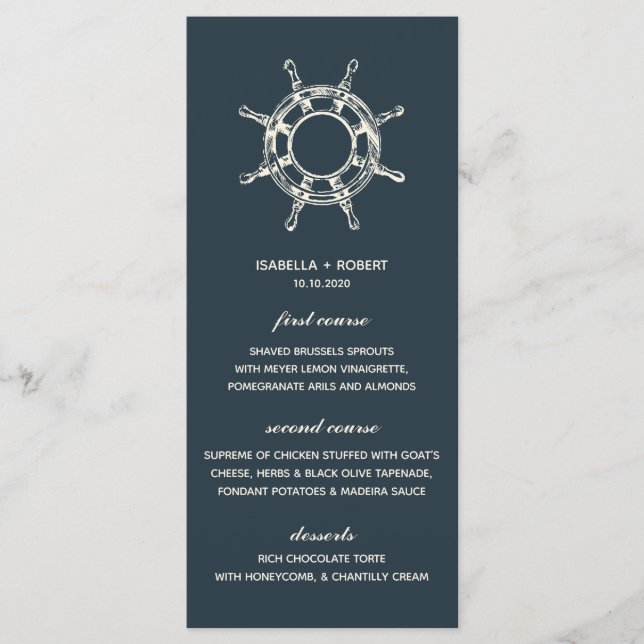 Roda do navio azul | Menu de Casamento Náutico (Frente)