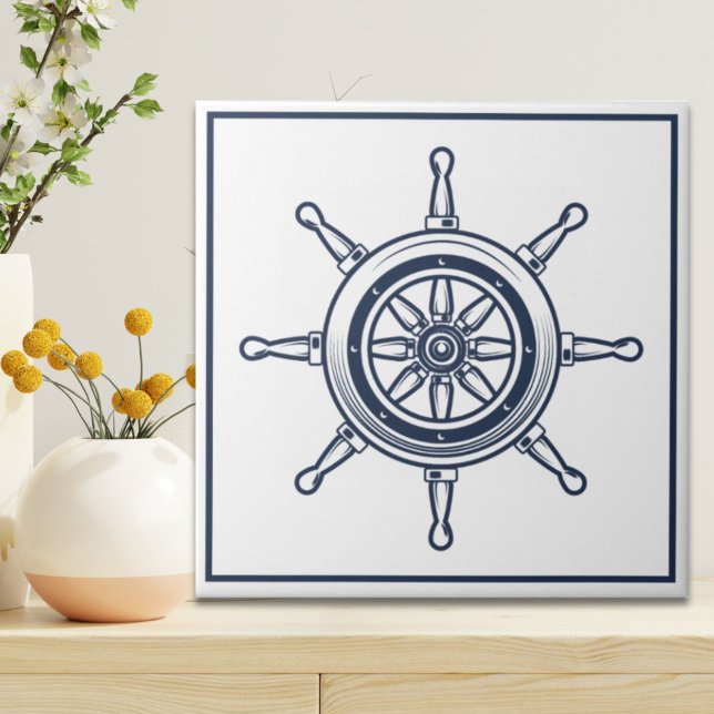 Roda Náutica Costeira Blue Beach House (Nautical Coastal Blue Beach House Boat Ship Wheel Ceramic Tile)