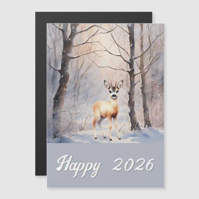 roe veer in Winter - Happy 2026 magnética card (Frente/Verso)