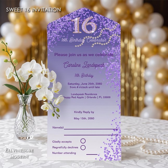 Rojão de Purpurina Caligrafia Número Sweet 16 (Chic Sweet 16 invite with an easy-to-tear perforated RSVP card. Purple Glitter Celebration!)
