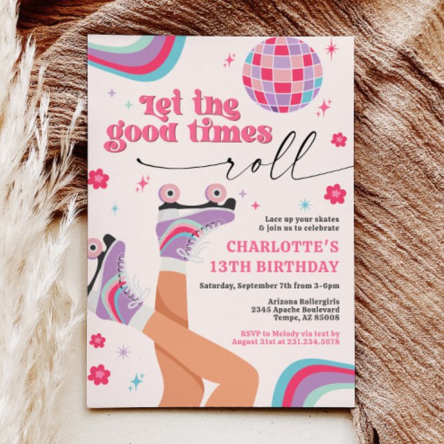 Roller Sking Aniversário Convite Retro Arco-Íris (Roller Skating Birthday Invitation Retro Groovy Rainbow )
