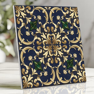 Rolo de Damasco da Rainha Ester Azul Naval Dourado