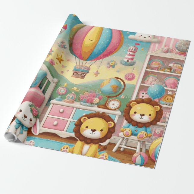 rolo de papel de presente com tema infantil (Desenrolado)