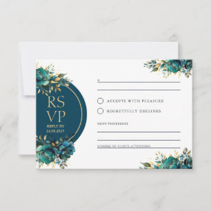 Romance RSVP flores turquesa com acentos dourados