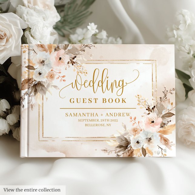 Românico rosa pálido Dourado Livro de convidados d (Romantic Pale Pink Gold Boho Autumn Guest Book)