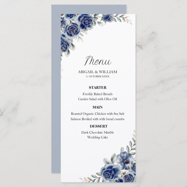 Romantic Blue Floral Botanical Wedding Menus Card (Frente/Verso)