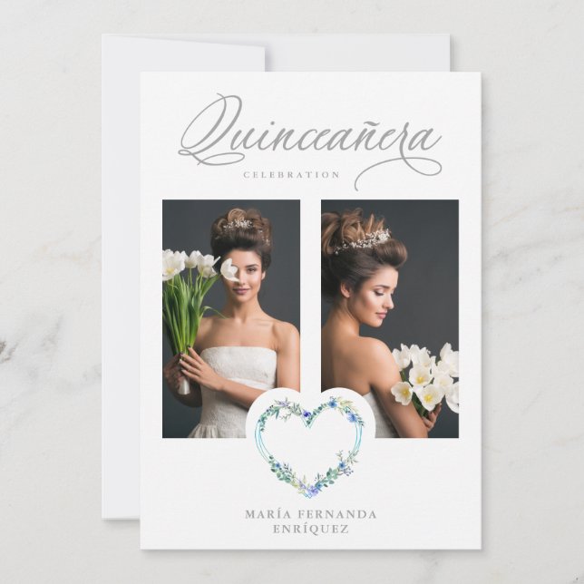 Romantic Blue Shades Floral Heart Photo XV años (Frente)