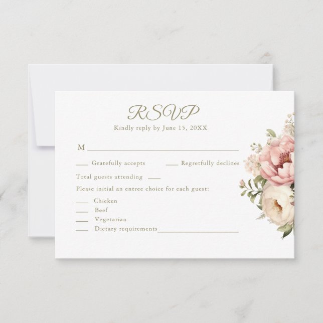 Romantic Blush & Peach Floral Wedding RSVP Card (Frente)
