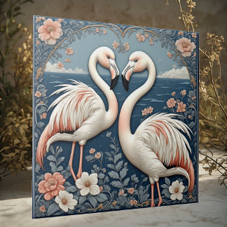 Romantic Flamingo Couple Art Deco Blue Pond Floral