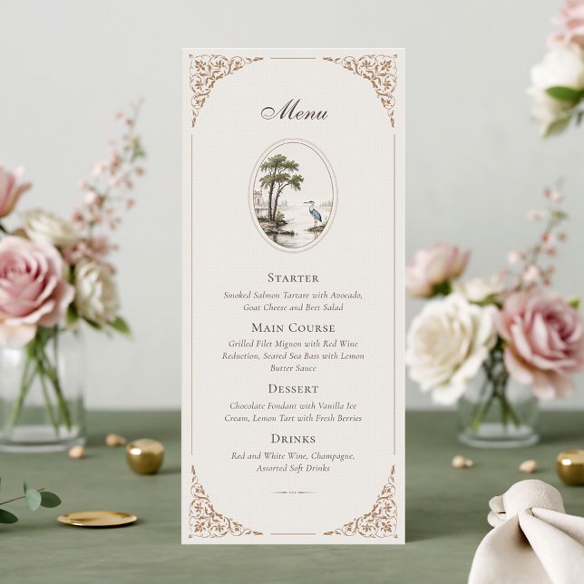 Romantic French Heron Oval Frame Wedding Menu Card (Criador carregado)
