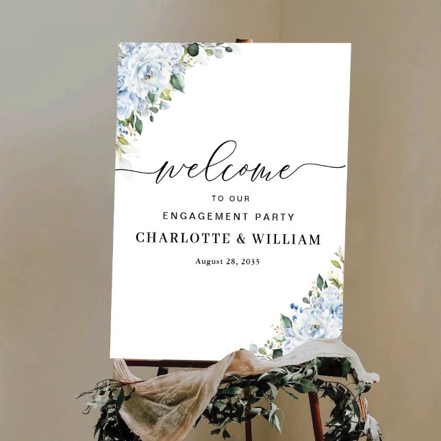 Romantic Light Blue Floral Engagement Party Poster (Criador carregado)