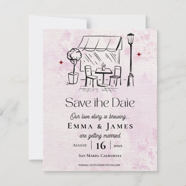 Romantic Pink Café Courtyard Wedding Save the Date (Frente)