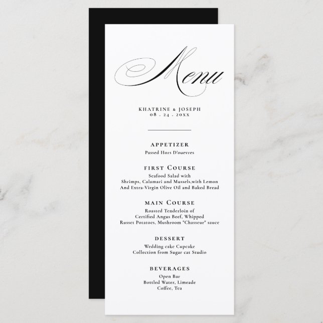 Romantic Script Calligraphy Details Menu Wedding (Frente/Verso)