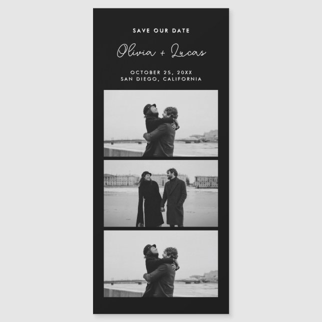 Romantic Script Photo Strip Magnetic Black Wedding (Frente)