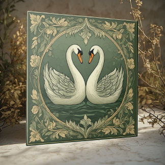 Romantic White Swan Couple Art Deco Pond Green Sea