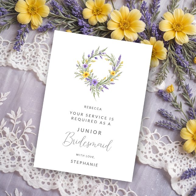 Romantic Yellow Lavender Wreath Junior Bridesmaid (Romantic Minimalist Wedding Yellow & Lavender Wreath Junior Bridesmaid Proposals Cards.)