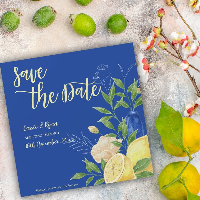 Romântica Azul Florais e Limão Salvem a Data (Romantic Blue Florals & Lemon Save the Date Invitation)