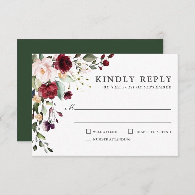 Romântica Borgonha e Plum Floral Wedding RSVP (Frente/Verso)