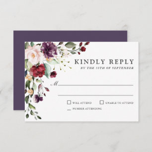 Romântica Borgonha e Plum Floral Wedding RSVP