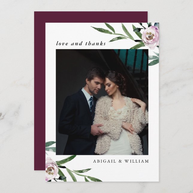 Romântica Casamento Floral Obrigado Cartão com fot (Frente/Verso)