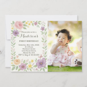 Romântica Floral Primeiro Convite de Aniversário