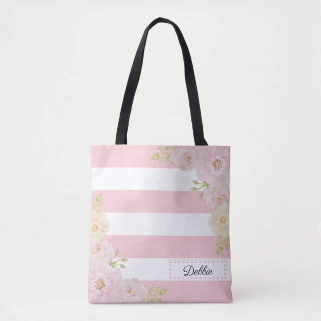 Romântica Floral Rosa Stripes Tote Sacos (Frente)