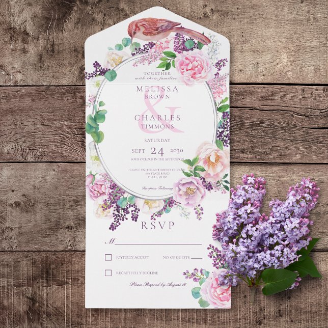Romântica Lilac e Cor-de-rosa - Quadro de oval flo (Romantic Lilac & Pink Floral Oval Frame All In One Wedding Invitation without Dinner Options)