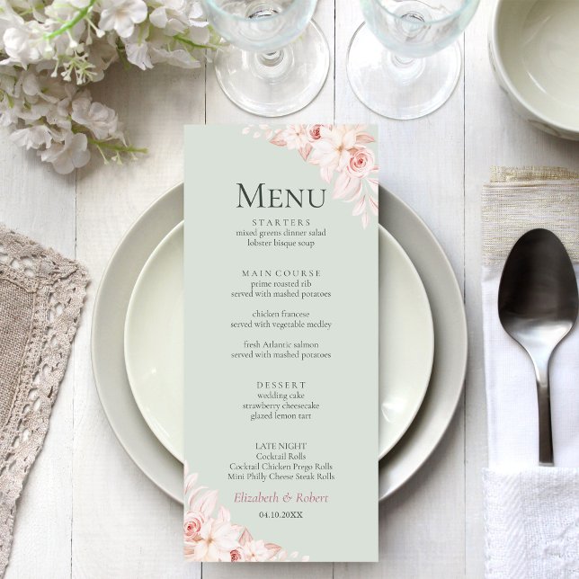 Romântica Sage Green and Pink Roses Wedes Menu (Romantic Beige and Pink Roses Wedding Menu on an elegant wedding table with flowers)