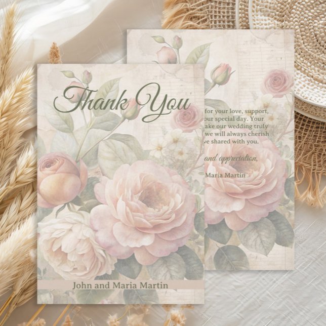 Romântico Agradecimento de Casamento com Rosa Vint (Romantic vintage roses wedding Thank You card)