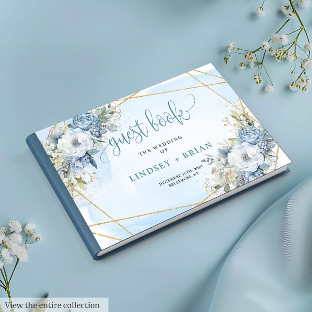 Romântico Azul Azul, Dourado Flores, Livro de Conv (Romantic Dusty Blue White Gold Flowers Guest Book)