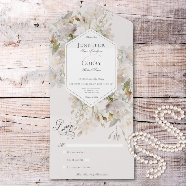 Romântico Branco e cor-de-rosa sem Janto (Romantic Muted White & Pink Floral No Dinner All In One Invitation)