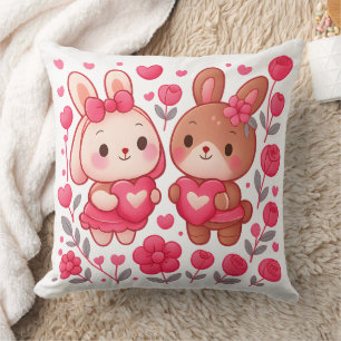 Romântico Casal de Coelhos Coração Almofada