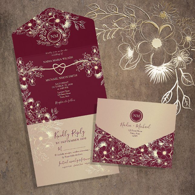 Romântico Casamento Floral em Dourado Borgonha (Criador carregado)