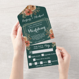 Romântico Casamento Floral Verde Escuro Dourado