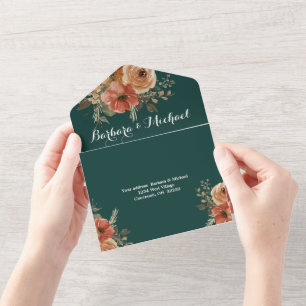 Romântico Casamento Floral Verde Escuro Dourado