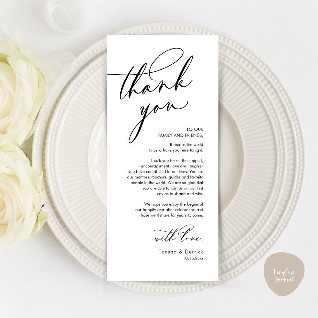 Romântico Casamento Obrigado Colocar Cartão De Con (Romantic Wedding Dinner Thank You Place Setting Card, in Black and White )