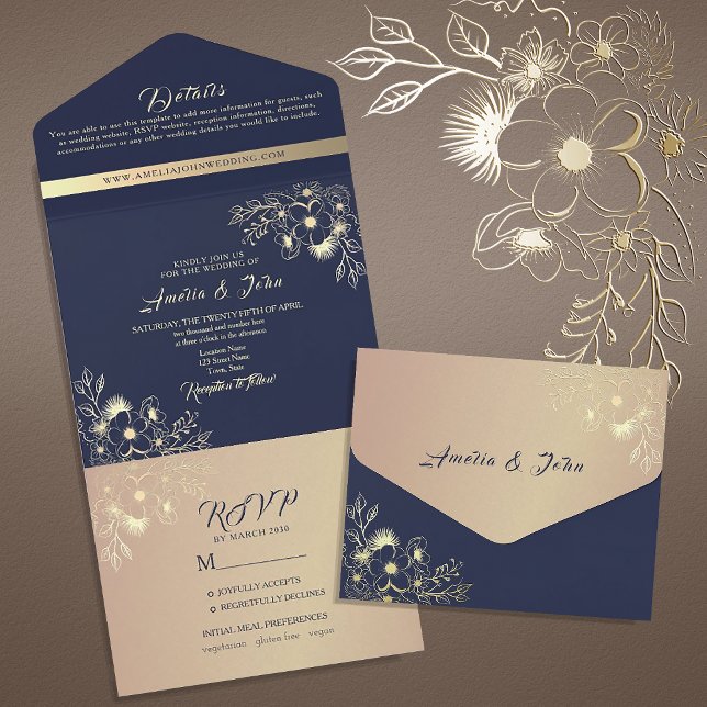 Romântico Floral Navy e Dourado Casamento (Criador carregado)